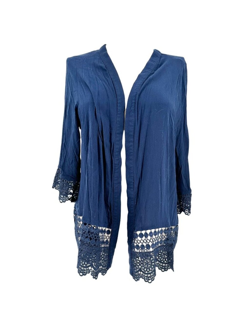 Kim Rogers Open Front Cardigan Womens 2X Navy Blue Crochet Hem+Cuffs Lightweight